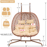Double Swing Egg Chair with Stand, Hexagon Rattan Wicker Swing Chair Outdoor, Large 2 Person Patio Hanging Chair with Foldable Loveseat Removable Cushions (Beige) WALTSOM