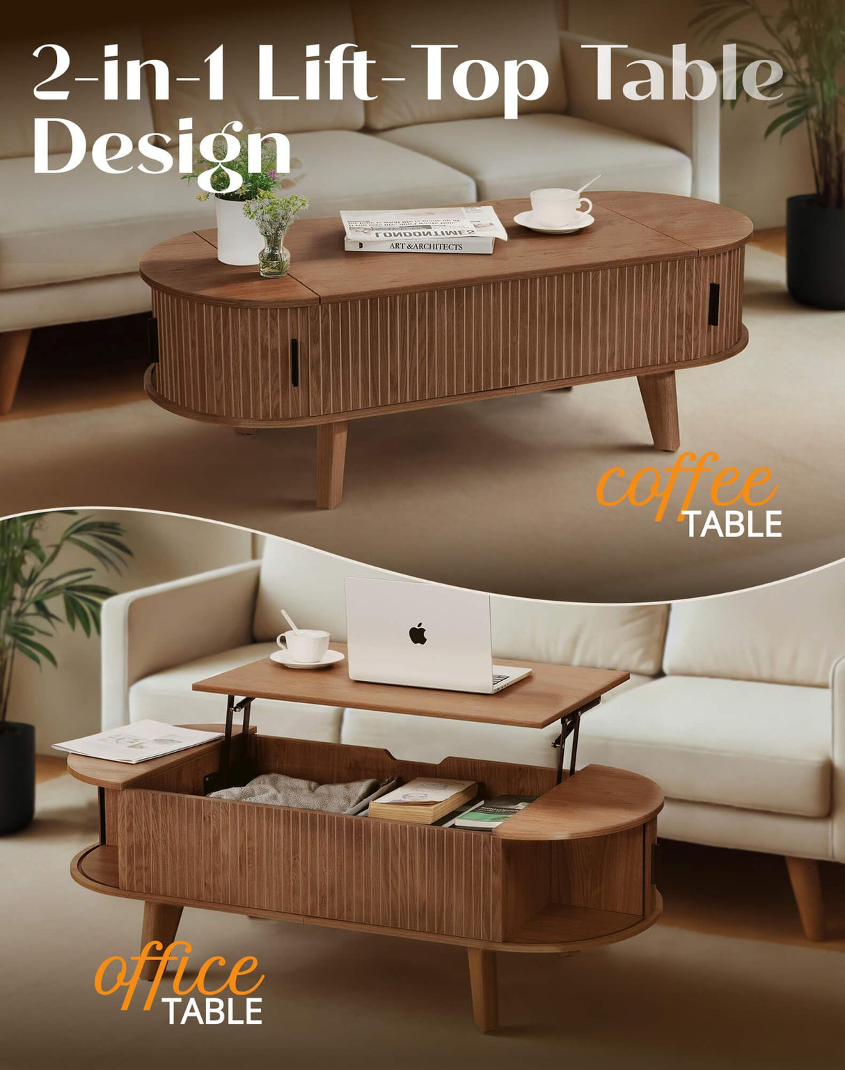 Pruchant Oval Lift Top Coffee Table with Storage, 47.2" Mid Century Modern Living Room Center Table with 180° Sliding Tambour Door, Wood Fluted Coffee Table for Home Office, Walnut Pruchant