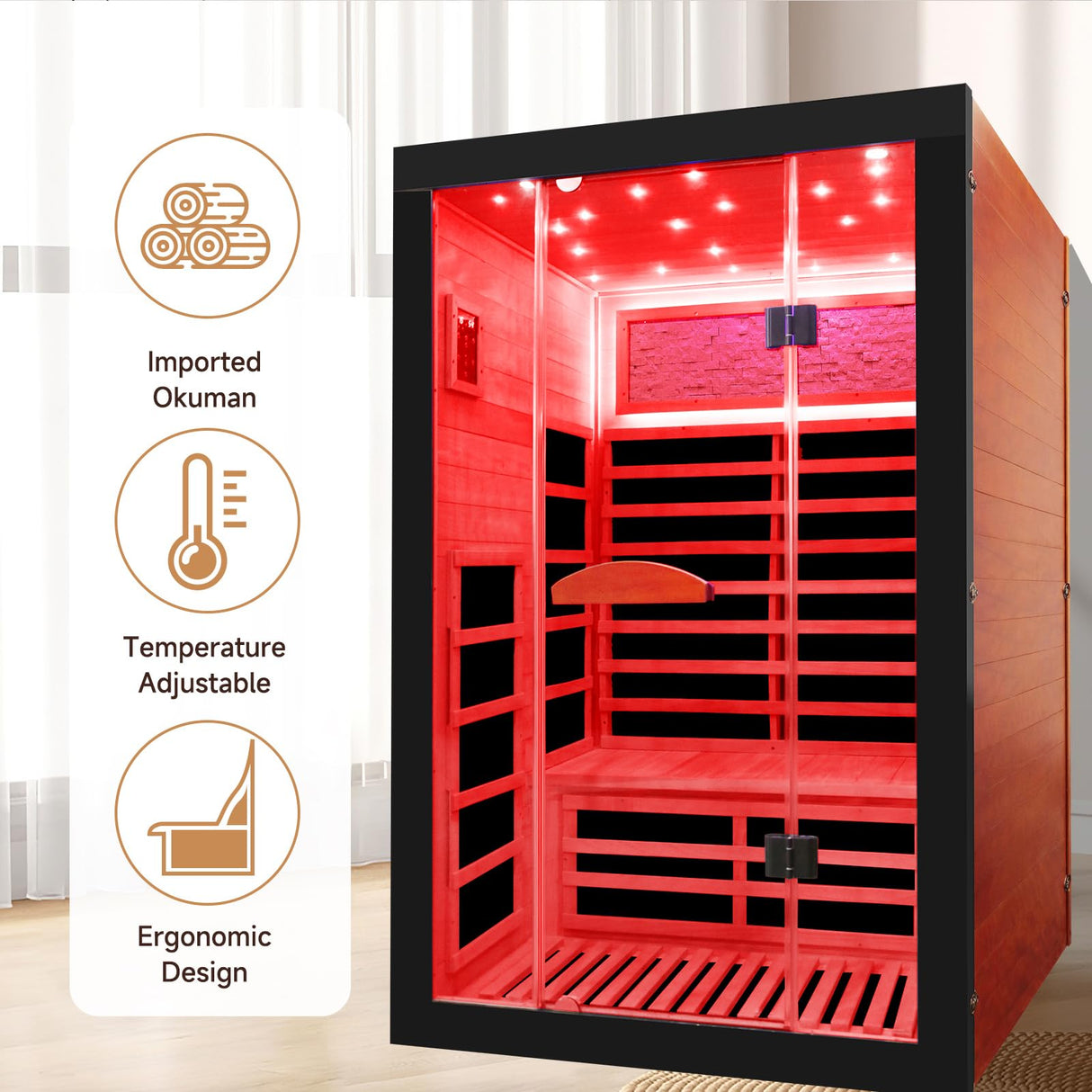 OUTEXER Infrared Sauna 2000W Wooden Saunas Home Spa Room Canadian Hemlock Wood Low-EMF Indoor Saunas with with 7 Color Starry Sky Ceiling Light for Two Person 74.8 * 47.2 * 41.3Inch OUTEXER