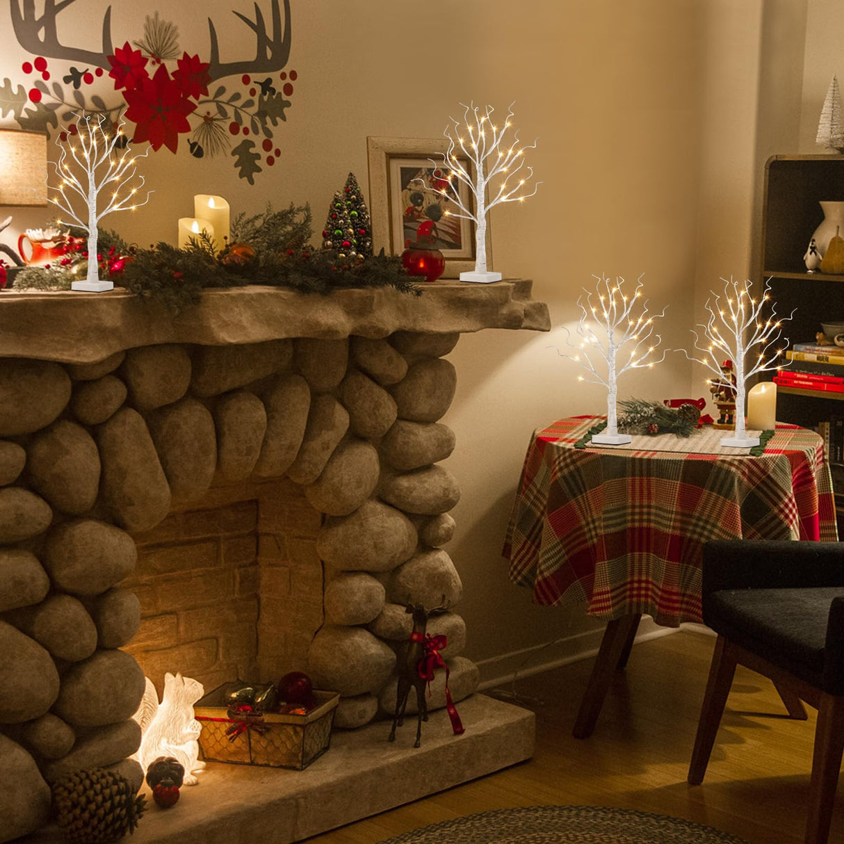 Vanthylit Christmas Tree Decorations, White Birch Tree with LED Lights- Set of 4, Warm White Small Tree Lights Battery Powered/USB, Timer Lighted Tree for Home Wedding Indoor Outdoor Decor (2 FT) Vanthylit