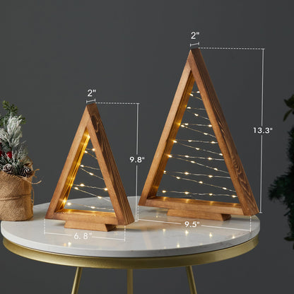 SOONOW Wood Christmas Tree with Lights, Modern Farmhouse Lighted Tabletop Christmas Tree for Home Table Fireplace Mantle Shelf Decor, Christmas Holiday Decorations Set of 2 (Large 13.3" & Small 9.8")