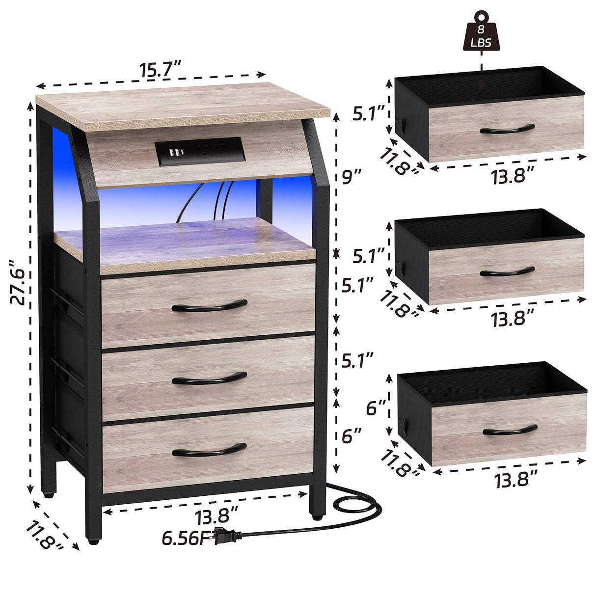 SZLHANJZ End Table with 3 Drawers, Night Stand with Charger Station and LED Lights, Small Nightstand with Fabric Storage, Farmhouse Side Table for Bedside, Living Room, Dorm, Greige SZLHANJZ