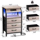 SZLHANJZ End Table with 3 Drawers, Night Stand with Charger Station and LED Lights, Small Nightstand with Fabric Storage, Farmhouse Side Table for Bedside, Living Room, Dorm, Greige SZLHANJZ