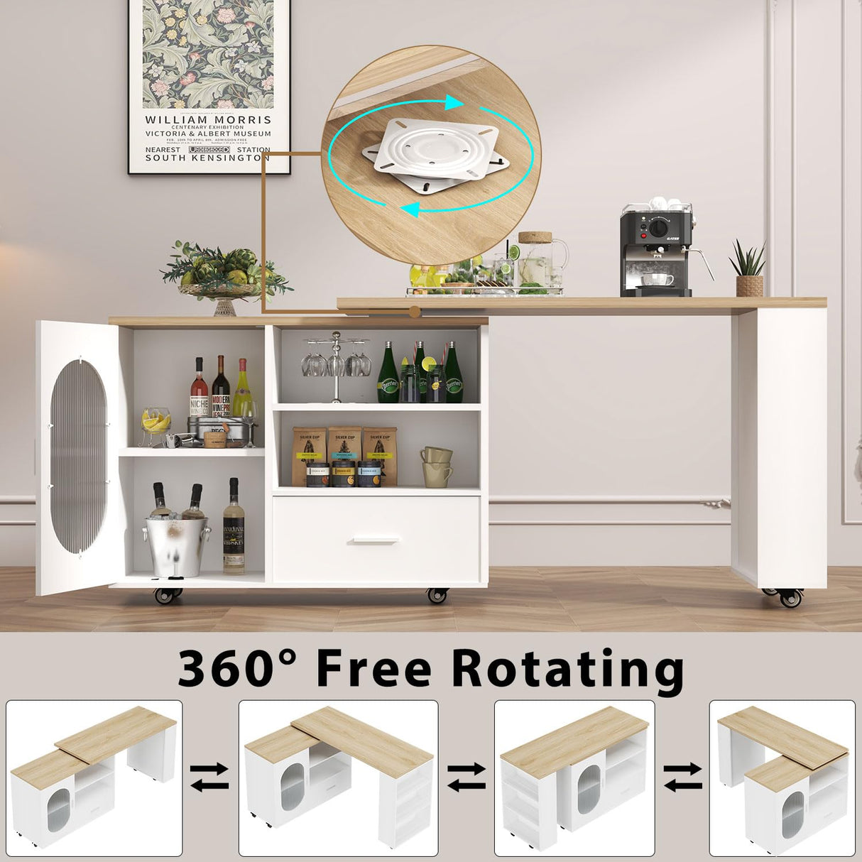 HSH 72.4” Rolling Kitchen Island with Swivel Table, Storage Cabinet, Drawers & Shelves, White Modern Mobile Island Cart on Wheels, Farmhouse Wood Island Table for Kitchen, Dining Room, Home Bar HSH