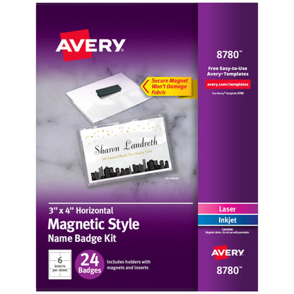 Avery Customizable Name Badges with Magnets, 3" x 4", Clear Name Tag Holders with White Printable Inserts, 24 Magnetic Name Badges (8780)