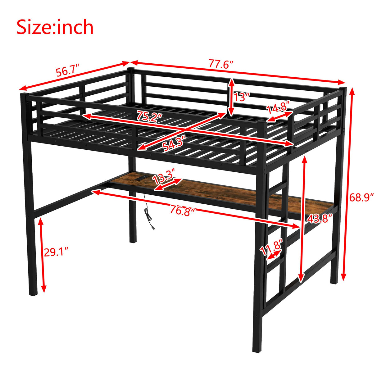 Metal Full Size Loft Bed with L-Shaped Desk, Loft Bed Full Size with Power Outlet and LED Lighted, Heavy Duty Metal High Loft Bedframe, Safety Guard & Ladder, Space-Saving, Noise Reduced, Black Janusline
