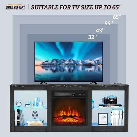 BREEZEHEAT 58 inch TV Stand with 18" Fireplace Inserts-Led Entertainment Center for TVs Up to 65"-TV Console for Living Room with Glass Shelves, LED Lights and Power Outlets (Black) BREEZEHEAT