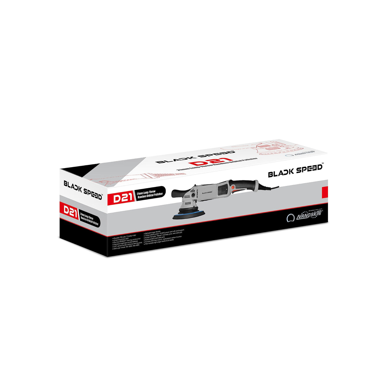 Nanoskin Black Speed 21mm Long-Throw Random Orbital Polisher - 750W, 7.5-Amp Motor, BOSCH™ Bearing Construction, Vented Flexible Backing Plate | For Automotive Paint, Glass, Metal Surfaces Detailing Nanoskin