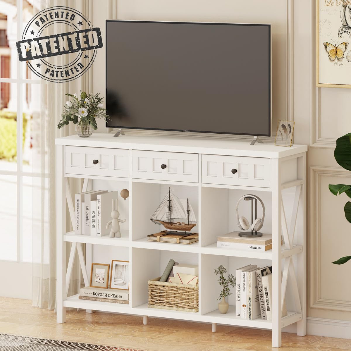 FATORRI 6 Cube Storage Bookshelf with 3 Drawers, Long Horizontal Bookcase, Modern Cubby Organizer Shelf (White Oak, 47 Inch) FATORRI