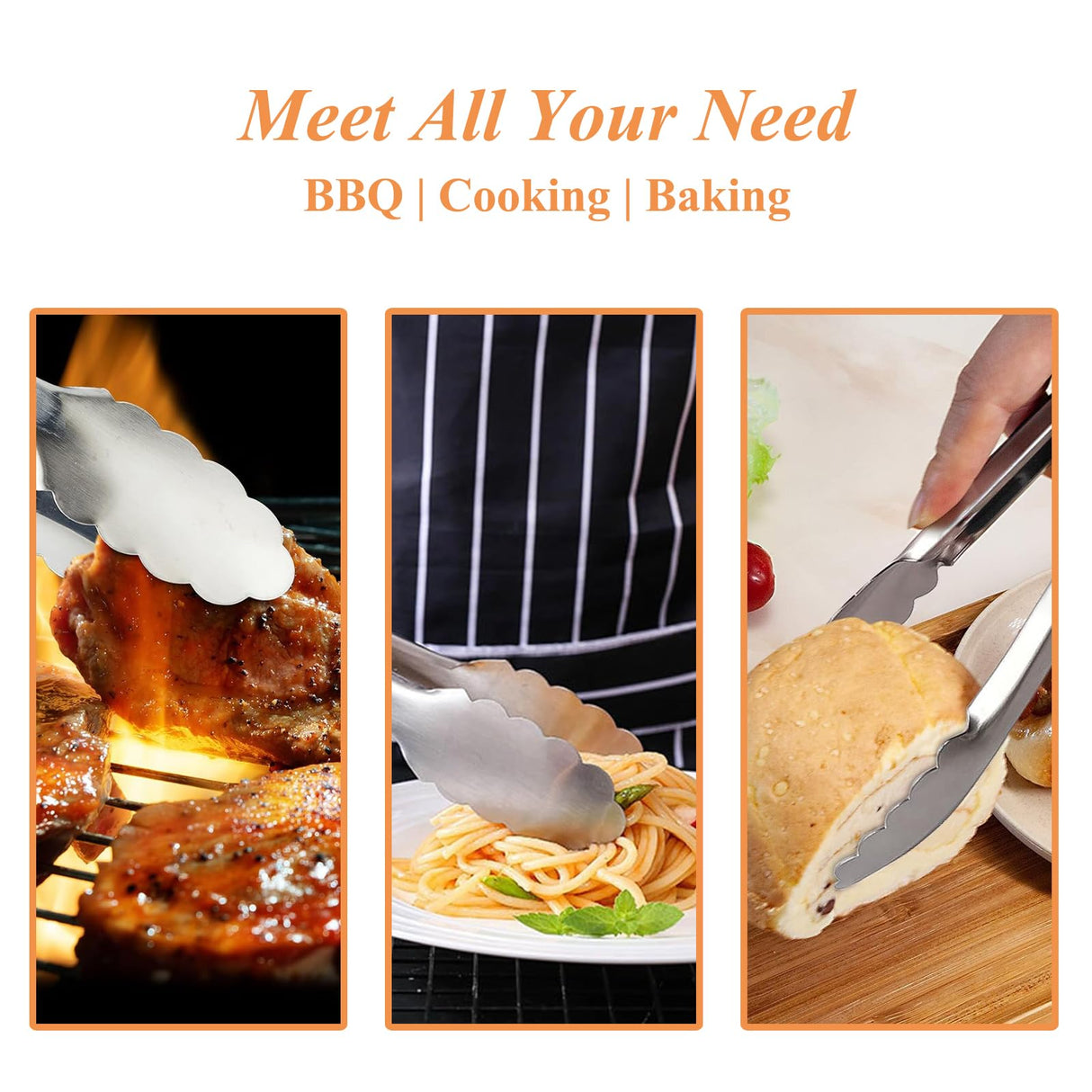 Tongs for Cooking, 9-Inch Stainless Steel Kitchen Tongs, Locking Metal Food Tongs with Silicone Non-Slip Grip, Kitchen Utensils Tongs for Food, Salad and Outdoor BBQ (Set of 4) TENTA KITCHEN