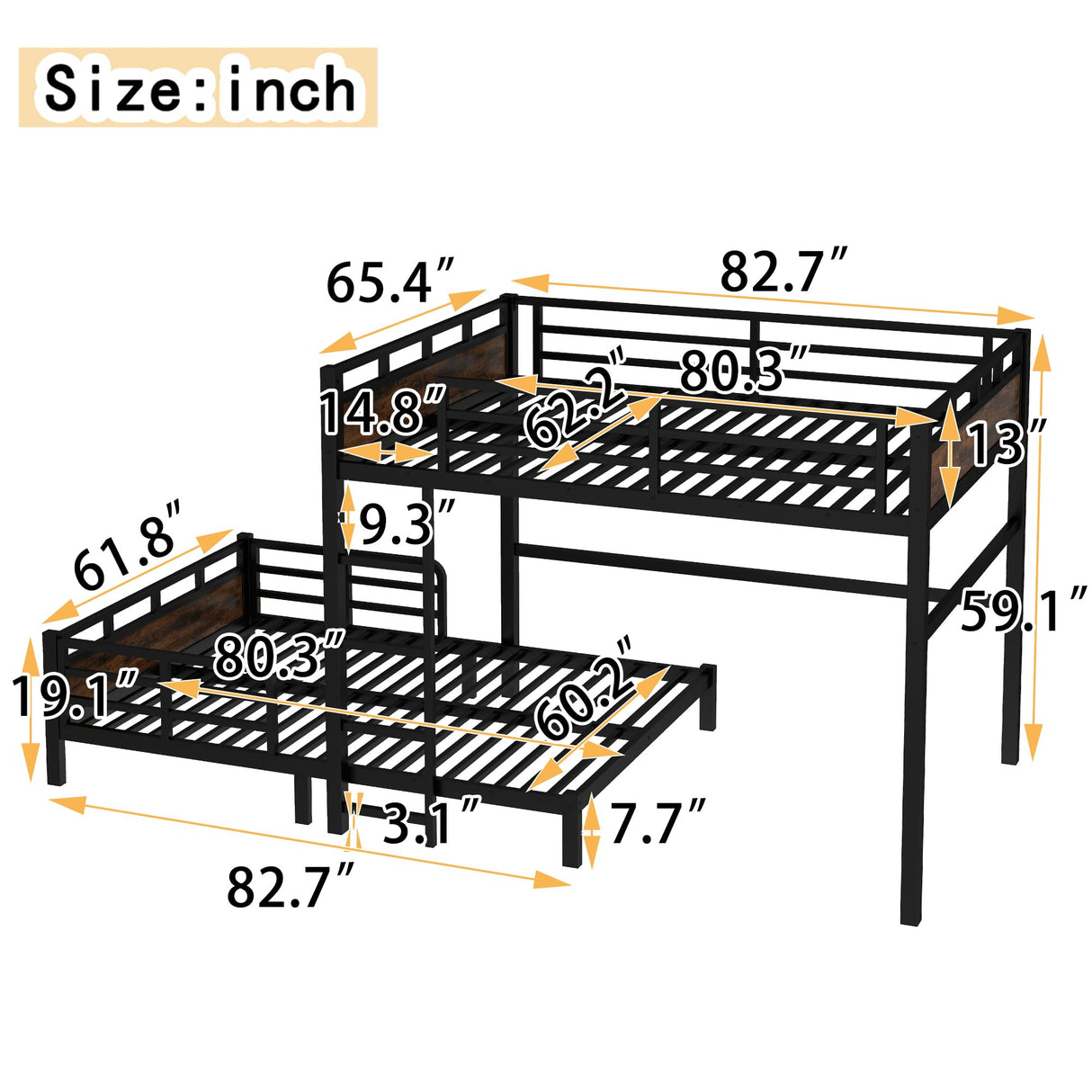 Queen Over Queen Bunk Bed with Headboard and Full Length Guardrail, Separable Bunk Bed Queen Size, Heavy Duty Bunk Beds Can Turns Into Loft Bed and Platform Bed, Black Bellemave