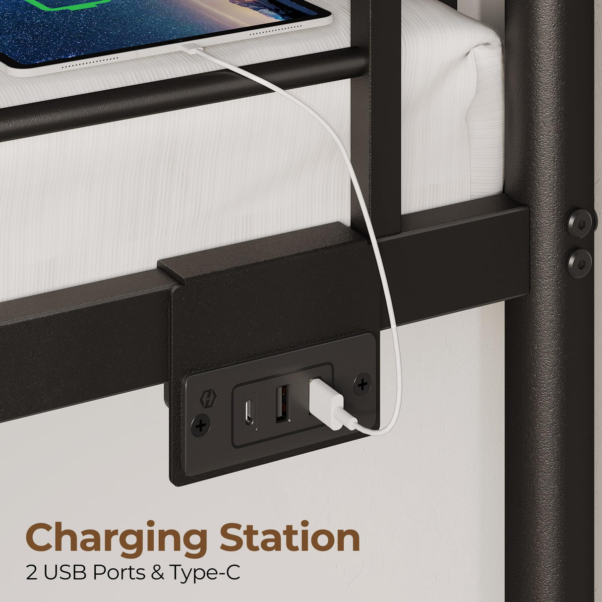 Rolanstar Metal Bunk Bed Twin Over Twin with USB Charging Station, LED Bunk Bed with 2 Storage Drawers, Bed with Safety Guardrail & Ladders, No Box Spring Needed, Easy Assembly, Black Rolanstar