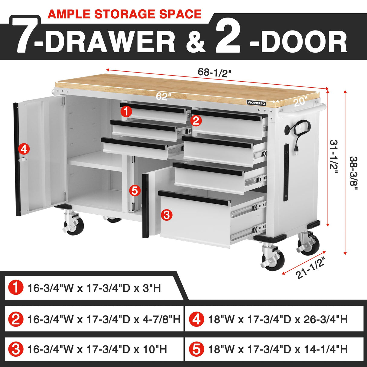 WORKPRO 62" x 20" 7-Drawer & 2-Door Rolling Tool Chest, Mobile Tool Storage Cabinet with Power Strip, Locking System, Heavy Duty Rolling Cabinet for Garage, Warehouse & Kitchen, 1000 lbs Capacity WORKPRO