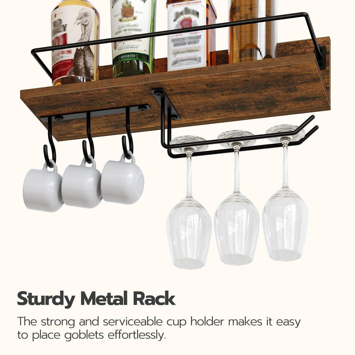 HOOBRO Wall Mounted Wine Rack 3 Pack, Wine Shelf Hanging Floating Wall Shelves, Wine Glass Bottle Rack Stemware Holder, for Living Room, Dining Room, Kitchen, Rustic Brown and Black BF33BJ01 HOOBRO