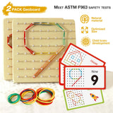 CHEROSIN 2Pack Wooden Geoboard Montessori Toys - Wood Geo Board Manipulative Geoboards for 4 5 6 Year Old Kids with Pattern Cards and Rubber Bands,Educational Peg Board for Boys Girls Ages 3-6 CHEROSIN