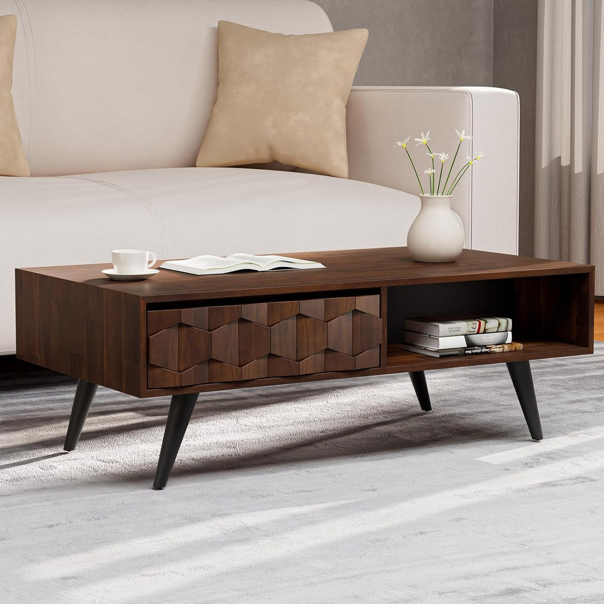 Bme Georgina Solid Wood Coffee Tables for Living Room, Coffee Table Mid Century Modern with 2 Symmetrical Storage Drawers & Geometric Details, Fully Assembled Center Table, Walnut Bme