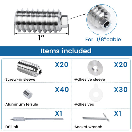 [Patent] Muzata 20 Pack 1/8" Invisible Cable Railing Kit Hardware Swage Lag Screw Hidden for 4x4 6x6 8x8 Wood Posts T316 Stainless Steel Deck Cable Railing System 10 Pairs CR73 Muzata