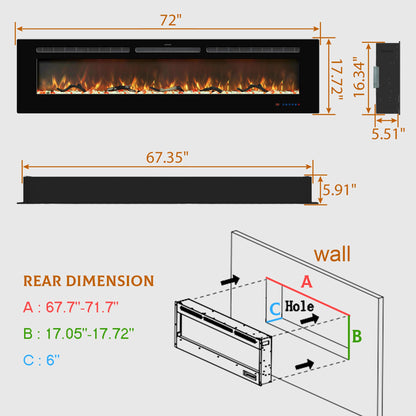 Kentsky 72 inches Electric Fireplace Inserts, Recessed and Wall Mounted Fireplace Heater, Large Screen w/Thermostat, Remote & Touch Screen, Multicolor Flame, Timer, Logs & Crystal, 750W/1500W