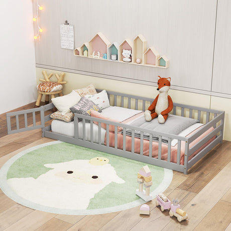 KOMFOTT Twin Size Wood Floor Bed with Door & Fence, Montessori Bed Frame with Full Length Safety Guardrails, Door & Latch, Wooden Montessori Floor Bed for Kids, Girls, Boys (Grey, Twin) KOMFOTT