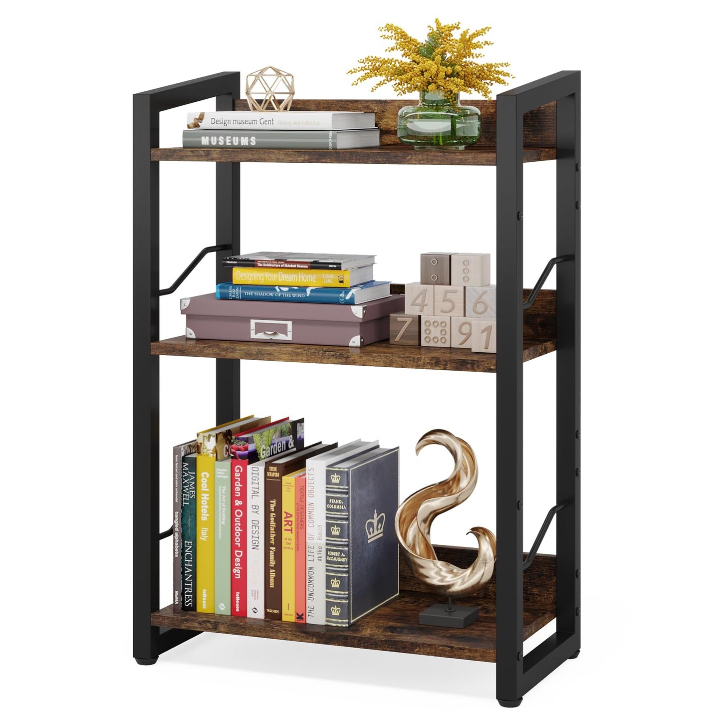 Hosfais 3-Tier Rustic Brown Wood Bookshelf with Metal Frame and Edge Protection - WoodArtSupply