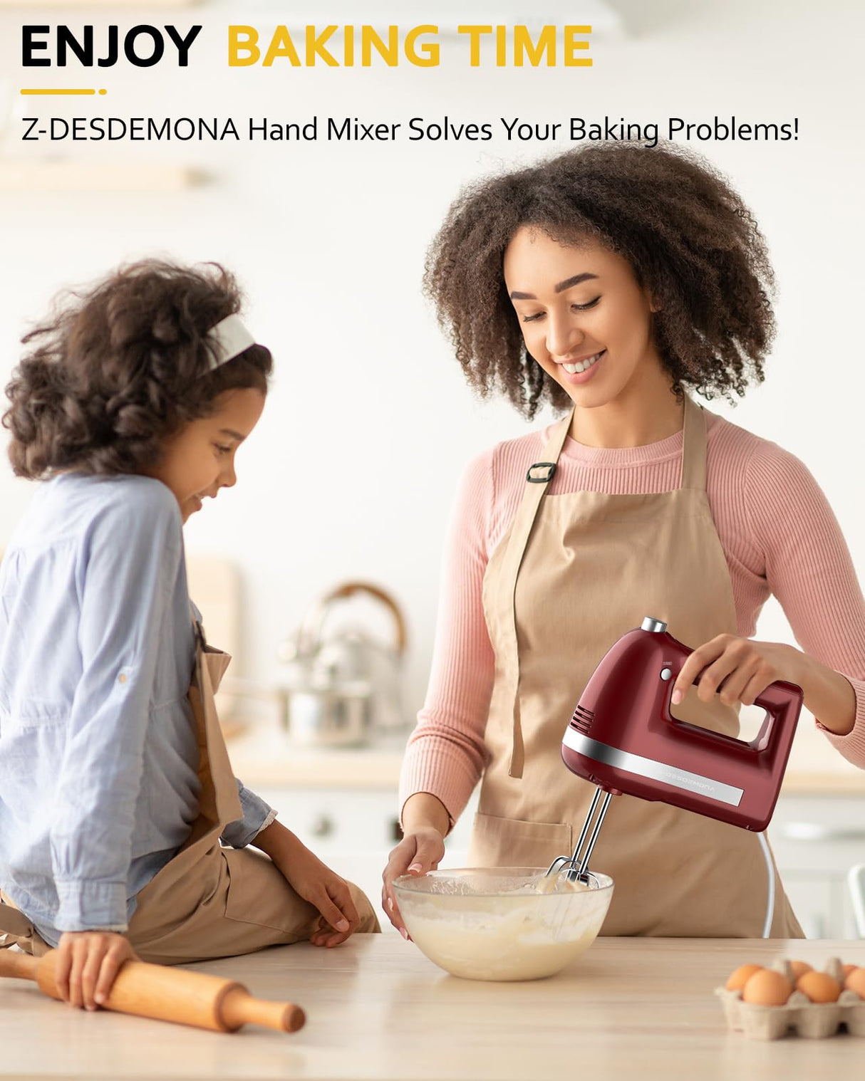 Z-DESDEMONA Electric Hand Mixer, Powerful 300W Hand Mixer Electric Handheld with 304 Beaters, Dough Hook, Hand Held Mixer with Turbo for Baking Cakes, Eggs, Cream Food(Red) Z-DESDEMONA