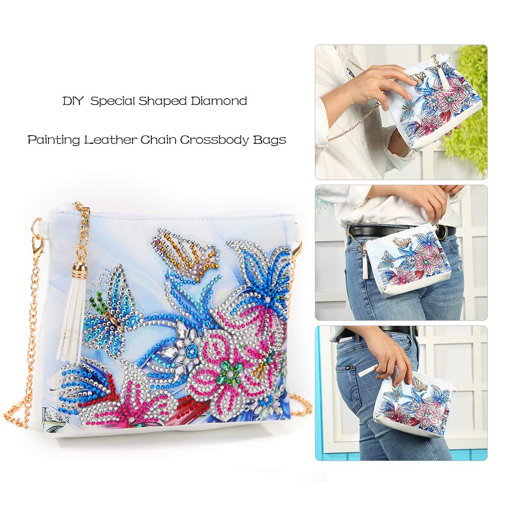 Diamond Painting Kits for Kids & Adult Cross-Body Handbag with Chain 5D DIY Rhinestone Cross Stitch Arts Craft Makeup Shoulder Bag Zipper for Christmas Gift Ross Beauty (Butterfly Flower) Ross Beauty