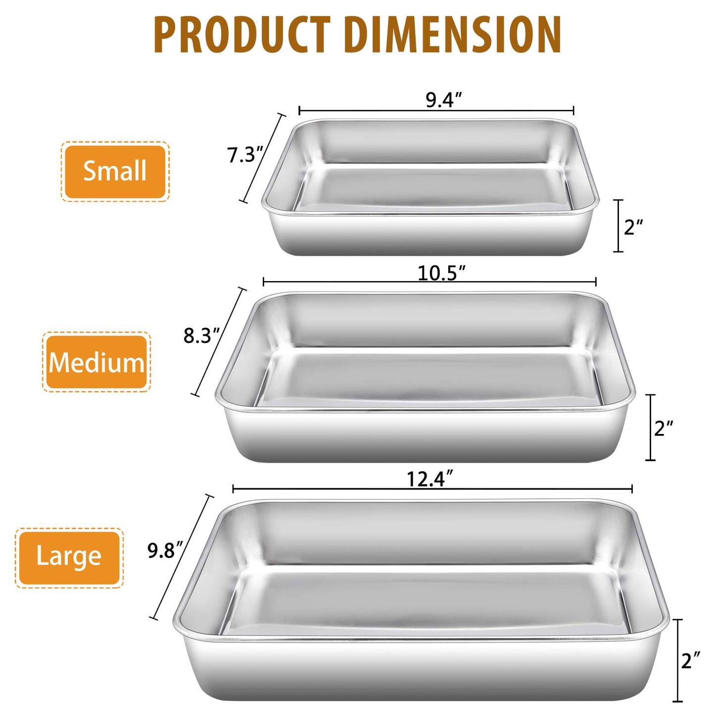 E-far Baking Pans Set of 3, Stainless Steel Sheet Cake Pan for Oven - 12.5/10.5/9.4Inch, Rectangle Bakeware Set for Cake Lasagna Brownie Casserole Cookie, Non-toxic & Healthy, Dishwasher Safe