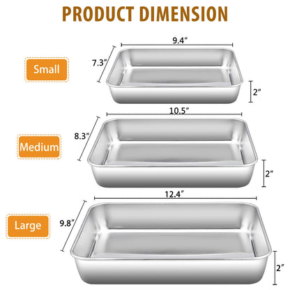 E-far Baking Pans Set of 3, Stainless Steel Sheet Cake Pan for Oven - 12.5/10.5/9.4Inch, Rectangle Bakeware Set for Cake Lasagna Brownie Casserole Cookie, Non-toxic & Healthy, Dishwasher Safe