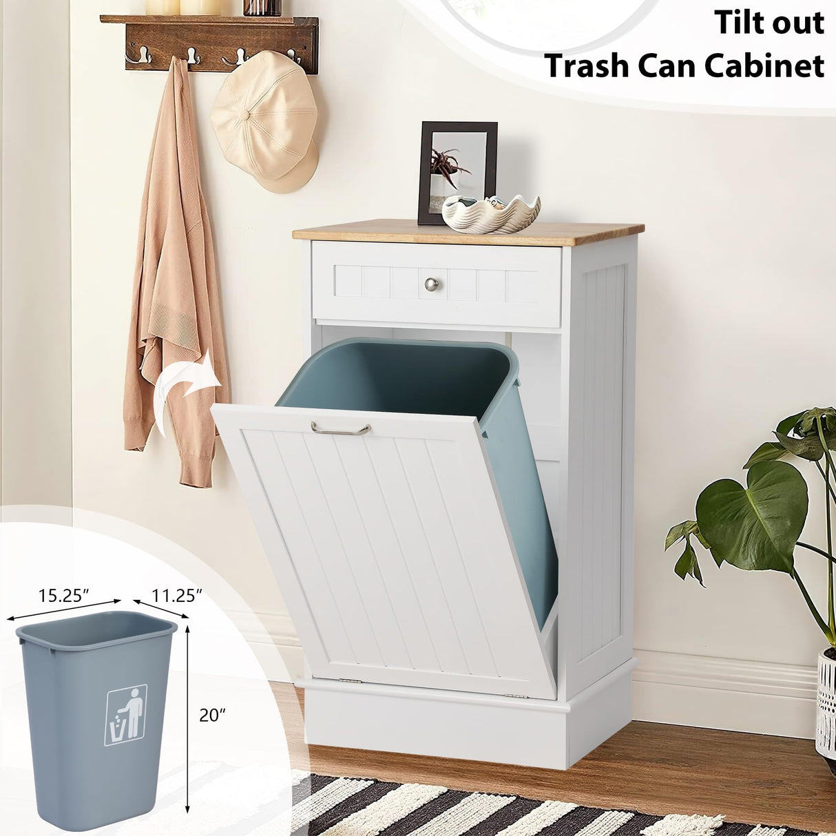 KIGOTY Tilt Out Trash Can Cabinet, Free Standing Kitchen Garbage Bin Holder with Hideaway Drawer and Countertop, Wooden Pet-Proof Recycling Trash Cabinet Laundry Hamper, White KIGOTY