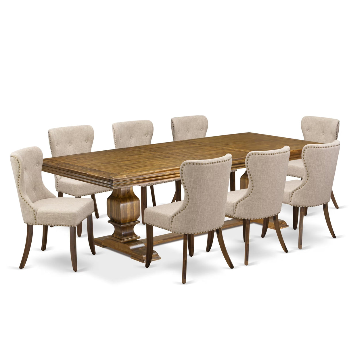 Luxe by East West Furniture NKSI9-AWA-04 9-Piece Dining Table Set Consists of a Dining Table and 8 Light Tan Linen Fabric Kitchen Chairs with Button Tufted Back - Antique Walnut Finish Luxe by East West Furniture