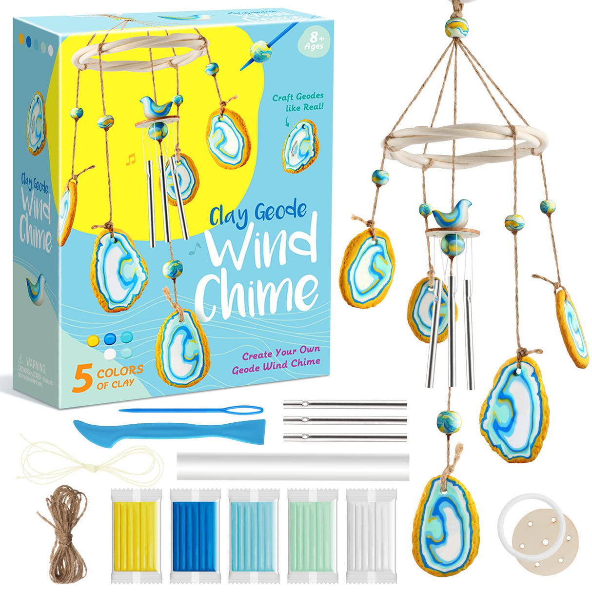 EDUMAN Make Your Own Clay Geodes Wind Chime for Home Garden Decoration, Arts and Crafts for Kids Ages 8-12, Wind Chime Craft Kit for Kids Learning & Educational Project Birthday Gifts for Boys & Girls EDUMAN