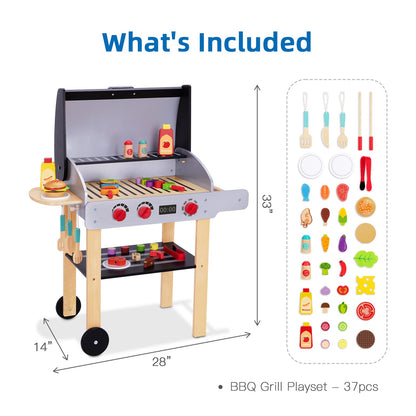 OOOK Wooden Play Barbecue Toy Grill, Kids Grill Playset with Play Food and Grilling Tools, Play Kitchen Accessories for Toddlers Boys Girls Age 3+ - WoodArtSupply