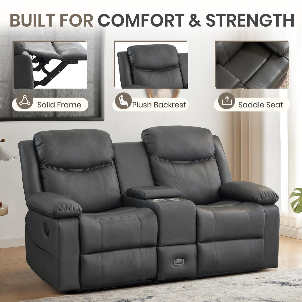 CALIVIA Manual Reclining Loveseat with Massage and Heat, Double Recliner Sofa with Center Console, Cup Holders & Storage for Living Room, RV (Grey) CALIVIA