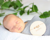 DECLAN & DELANEY Monthly Baby Milestone Cards | 16 Wooden Milestone Discs, Includes Boy/Girl Birth Announcement Sign | Baby Monthly Milestone Props Declan & Delaney