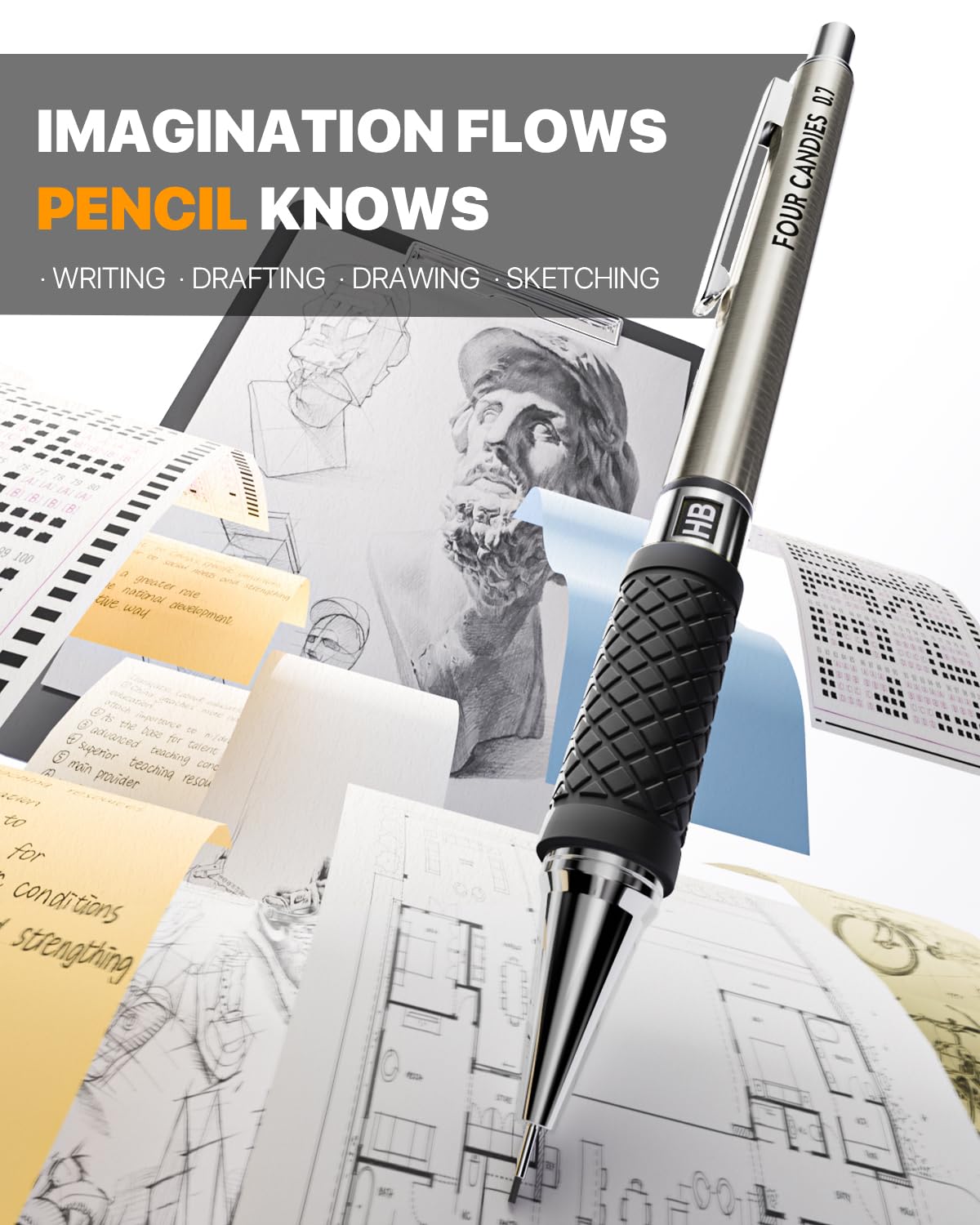 Four Candies Metal Mechanical Pencil Set - 6PCS 0.7mm Art Mechanical Pencils & 360PCS HB Lead Refills & 3PCS Erasers & 9PCS Eraser Refills, Drawing Mechanical Pencils for Writing, Sketching/With Case Four Candies