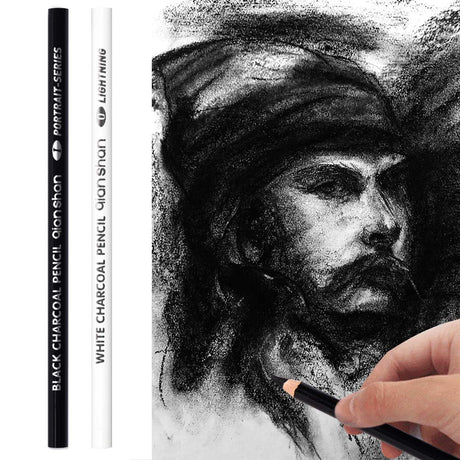 qianshan 2 Pcs Black White Color Charcoal Pencils, Professional Hight Quality Sketch Highlight Charcoal Wooden Pencils for Artist Drawing, Sketching, Blending, 2 Colors of 1 Black, 1White qianshan