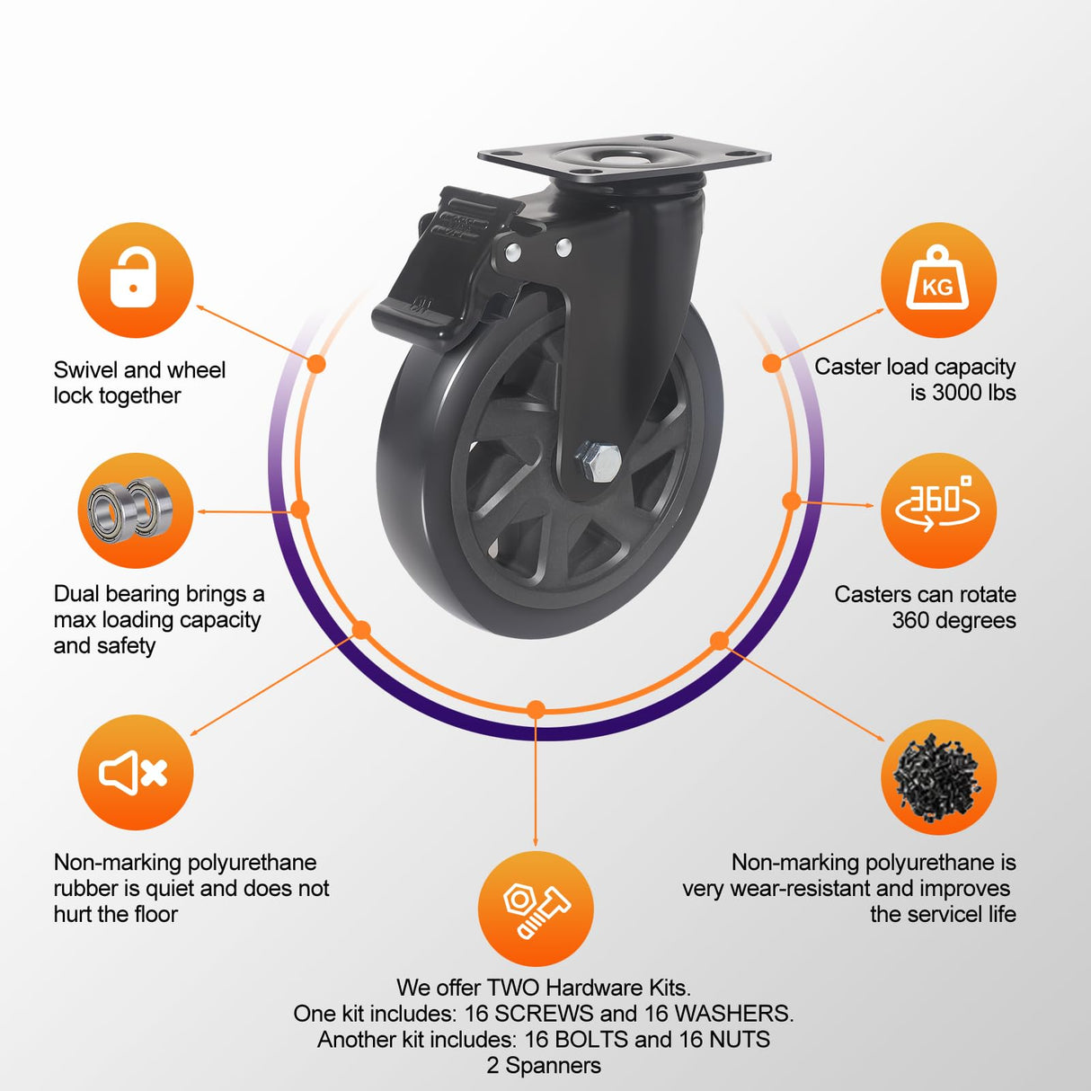 6 Inch Caster Wheels Set of 4 Heavy Duty,3000lbs Swivel Caster Wheels with Brake,PVC Heavy Duty Caster Wheel for Furniture,Cart,Workbench,Kitchen,Cabinets,Planters(Hardware Included) YAEMIKY