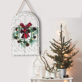 Sunnygalde Indoor and Outdoor Wood Christmas Holiday Wall Hanging Door Decorations Wood Plaqu Signs Christmas Ornament, for Home, School, Office Including Wreath, Wooden Arch and Led Lights (White) Sunnyglade