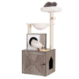 Heybly Cat Tree, Wood Litter Box Enclosure with Food Station, All-in-one Indoor Cat Furniture with Basket and Condo, Modern Style Cat Tower, Hammock, Rustic Gray HCT101SG Heybly