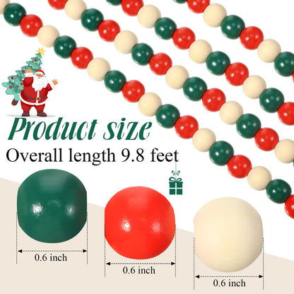 Equsion 9.8ft Christmas Wood Bead Garland with Tassels, Xmas Wooden Bead Garlands Wooden Classical Green and Red Garland with Jute Rope Rustic Farmhouse Bead Natural Wood Beads Wall Hanging Decoration