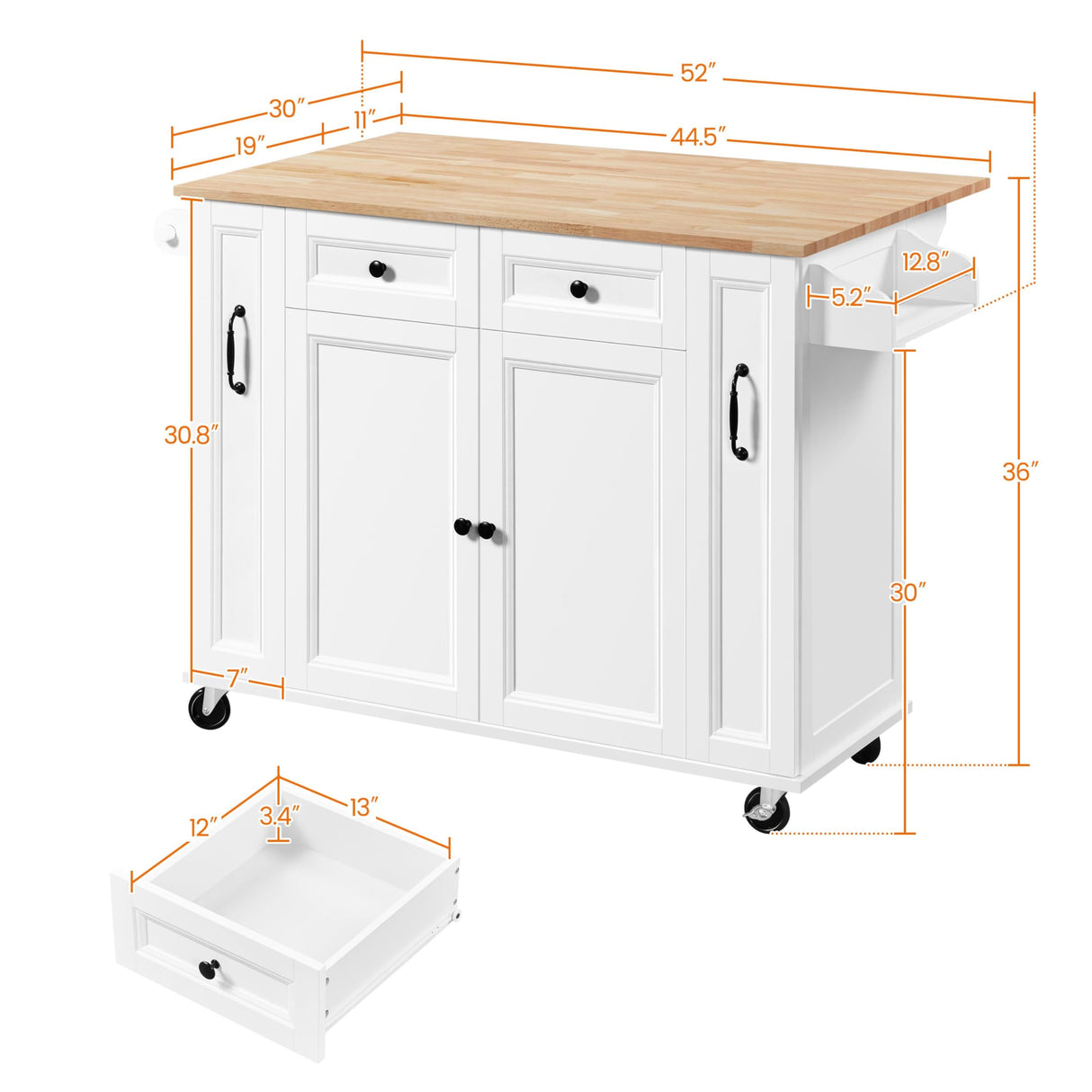 Yaheetech 52"W Kitchen Island with Drop-Leaf Breakfast Bar and 2 Pull-outs, Kitchen Cart on Lockable Wheels with Rubberwood Top & 2 Drawers & Adjustable Shelves, Storage Cabinet for Dining Room, White Yaheetech