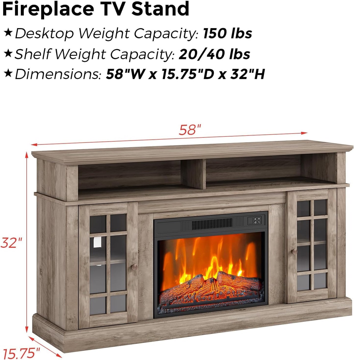 GarveeTech Farmhouse Electric Fireplace TV Stand for TVs up to 58", Entertainment Center with 23" Electric Fireplace Remote Control, TV Console Cabinet with Open Storage Shelves for Living Room, Wood