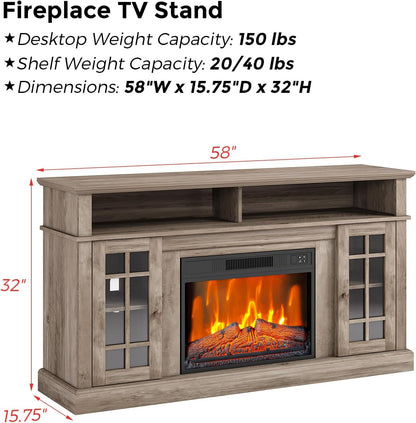 GarveeTech Farmhouse Electric Fireplace TV Stand for TVs up to 58", Entertainment Center with 23" Electric Fireplace Remote Control, TV Console Cabinet with Open Storage Shelves for Living Room, Wood