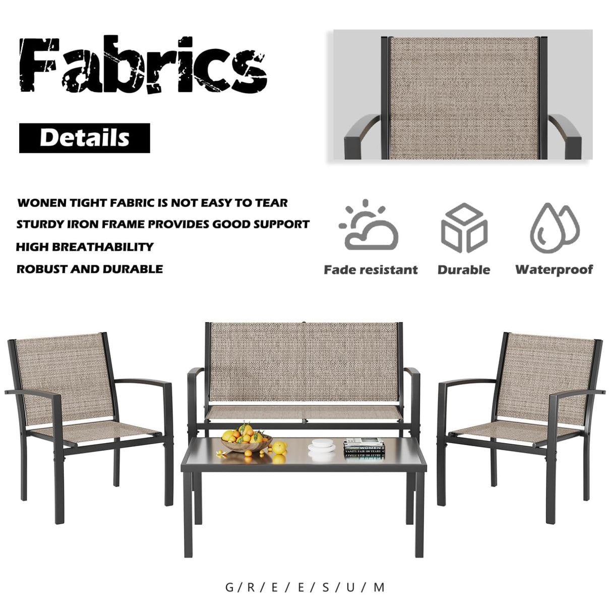 Greesum 4 Pieces Patio Furniture Set, Outdoor Conversation Sets for Patio, Lawn, Garden, Poolside with A Glass Coffee Table, Brown Greesum