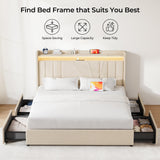 koorlian Queen Size Upholstered Bed Frame with 4 Storage Drawers and 51'' Tall Headboard Wingback Platform Bed Frames with RGB LED & USB Charging, 3 Adjustable Height, Noise-Free/Metal Support, Beige koorlian