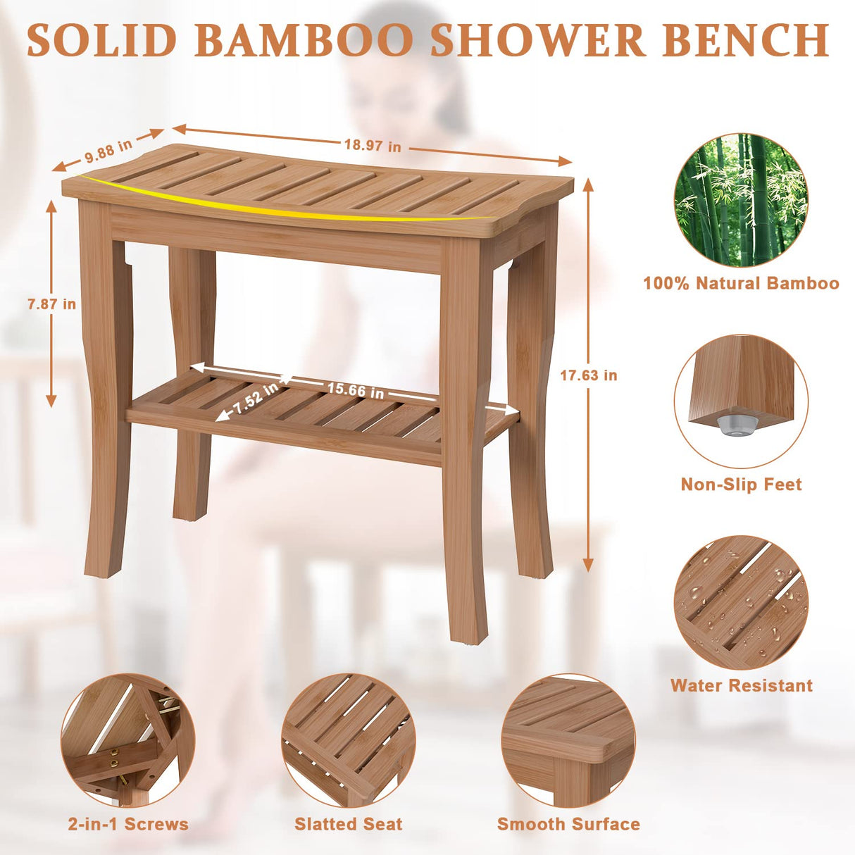 Domax Bamboo Shower Benches for Inside Shower - Bathroom Bench Seat Waterproof Wooden Shower Stool with Storage Shelf for Adults Elderly Seniors Wood Shower Chair for Bathtub or Small Spaces (Walnut) Domax