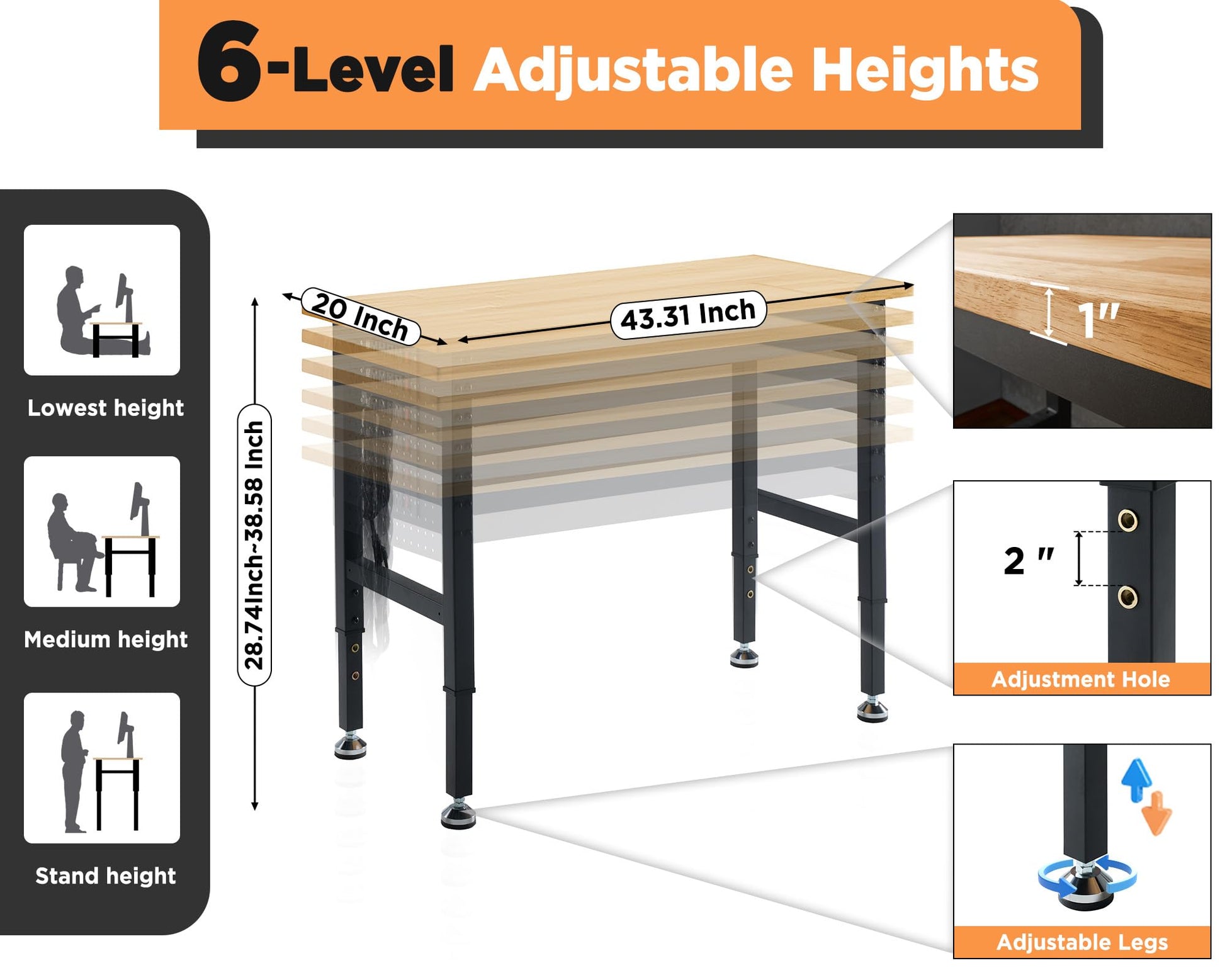 Albott Adjustable Workbench 28.7-38.6" Height, Rubber Wood Top Heavy Duty Workbench with Power Outlets & Hooks, 2000 LB Capacity Workbench for Garage, Workshop, Home & Office - WoodArtSupply