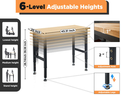 Albott Adjustable Workbench 28.7-38.6" Height, Rubber Wood Top Heavy Duty Workbench with Power Outlets & Hooks, 2000 LB Capacity Workbench for Garage, Workshop, Home & Office - WoodArtSupply