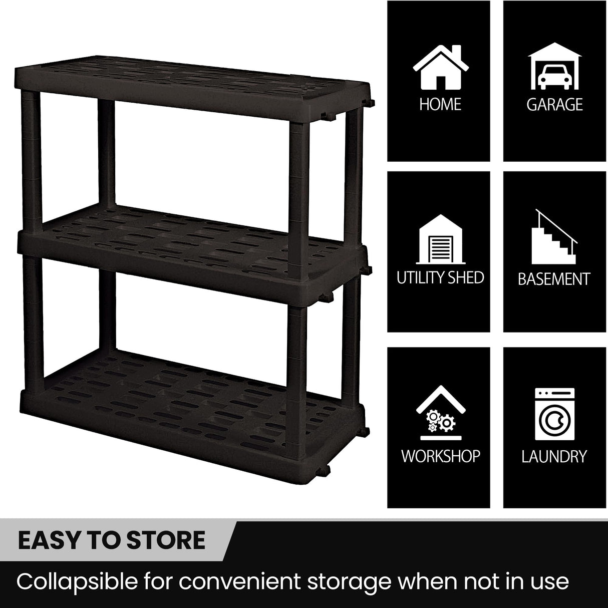 Koolatron Oskar 3 Tier Plastic Shelf, Garage Shelving Unit, Rack and Storage Shelves - Ideal for Storage Shed, and Shelf Organizer - Perfect for Garage Storage and Shelving Solutions,Black Koolatron