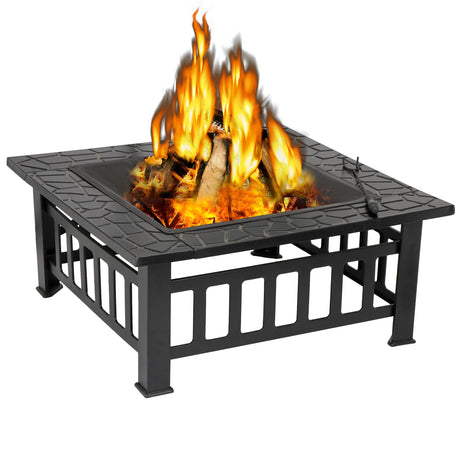 ZENY 32in Outdoor Fire Pits Outside Wood Burning Firepit Square Metal Fireplace Table Fire Bowl with Grill,Screen and Poker for Camping Bonfire Backyard BBQ ZENY